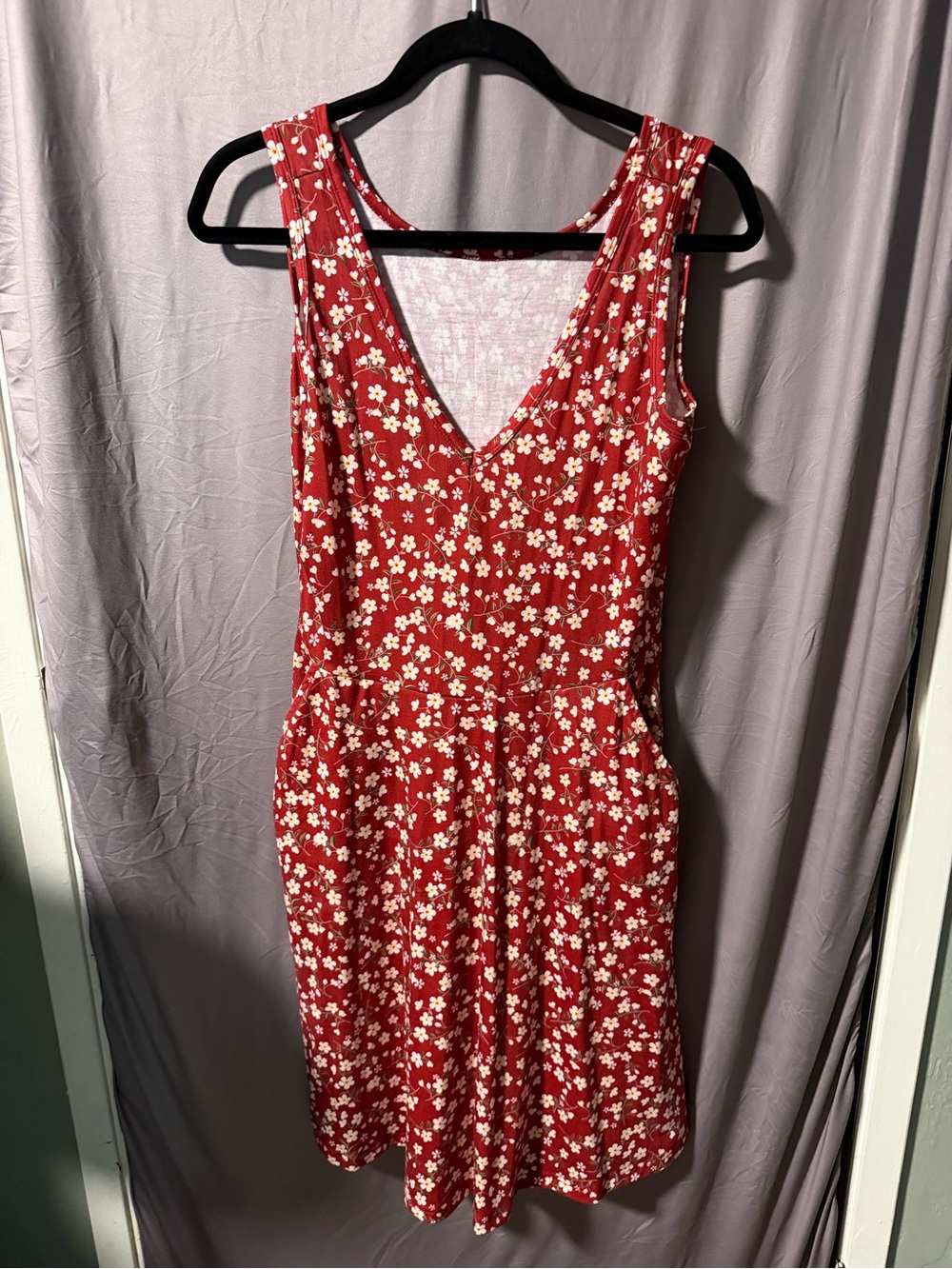 Floral V-Neck Sleeveless Red Dress